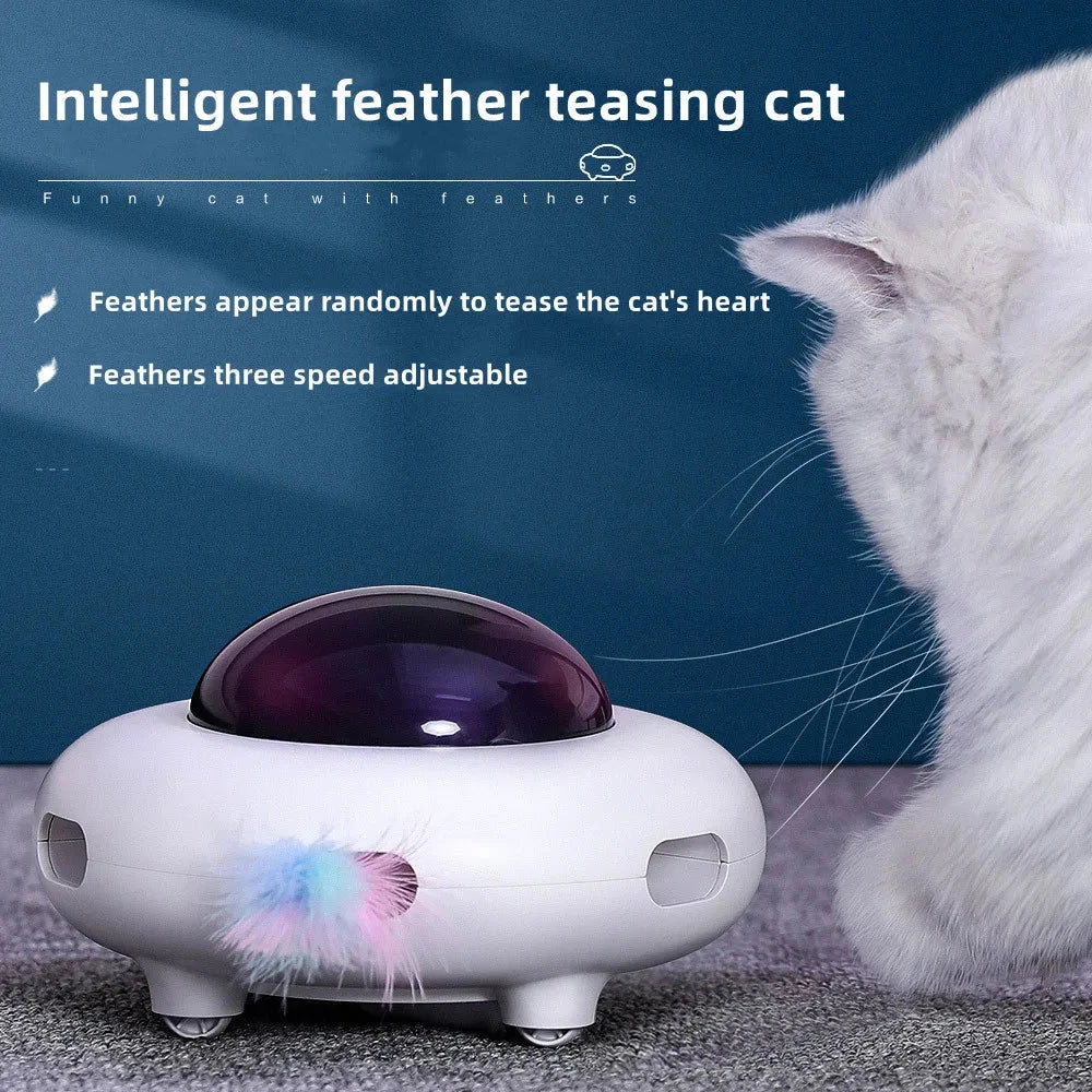 Cat Toy Smart Teaser UFO Pet Turntable Catching Training toys USB Charging Cat Teaser Replaceable Feather Interactive Auto PAWN-SOME PETS
