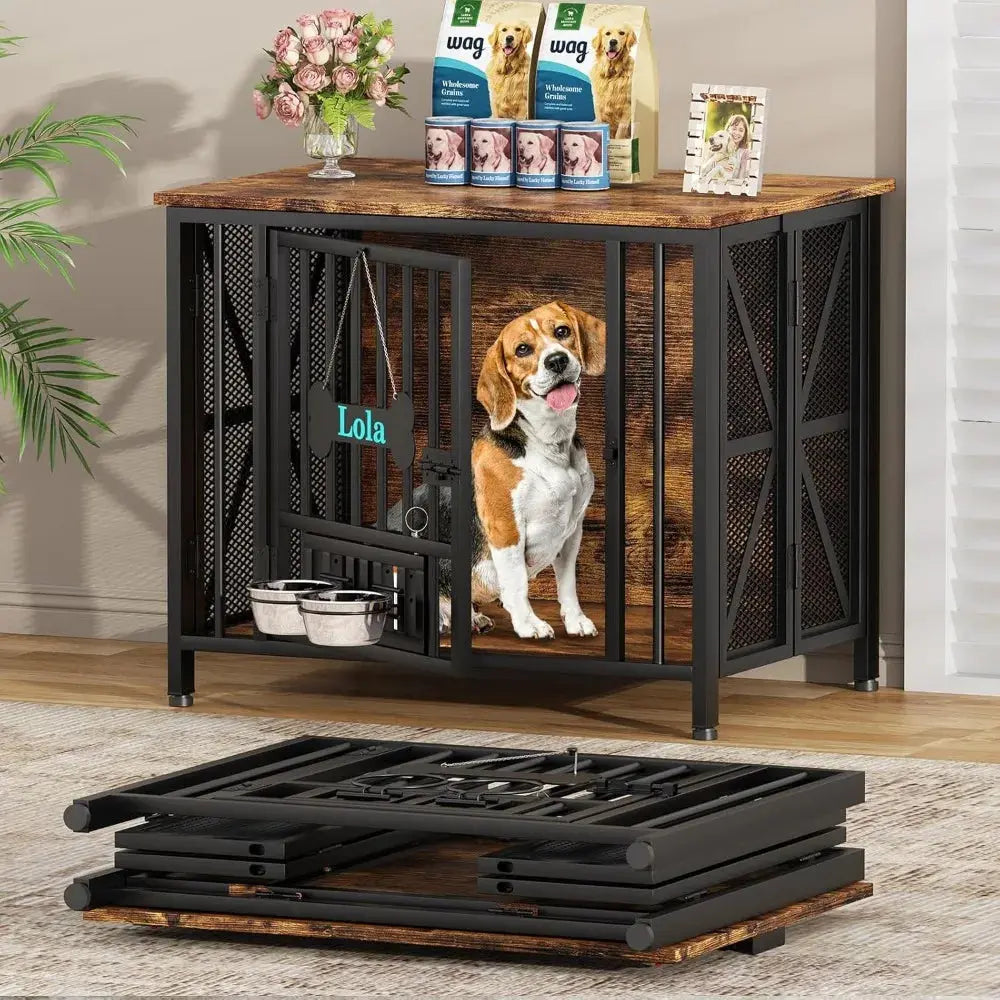 Dog Crate Furniture, 31.5" Assembly-Free Dog Crates for Small & Medium Dogs, Foldable Dog Kennel Indoor with Tag PAWN-SOME PETS