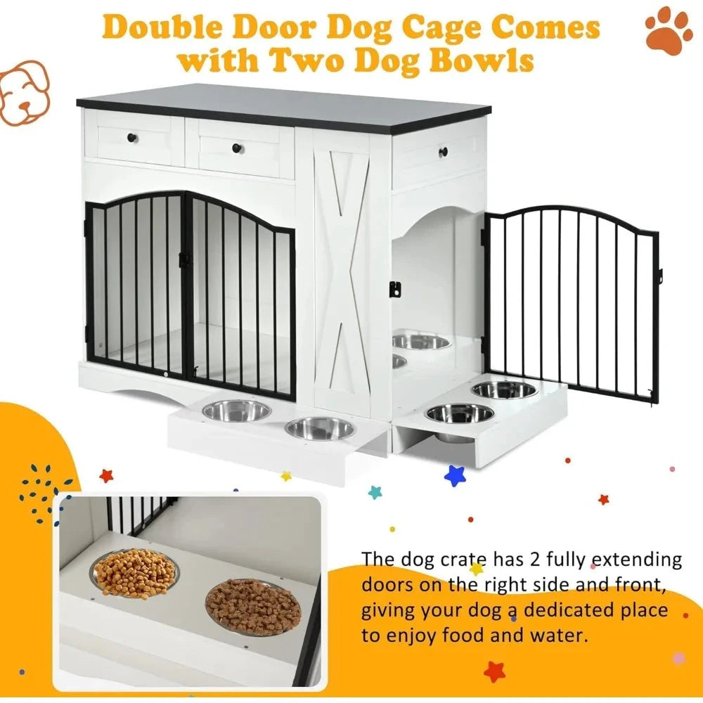 Go 43.3 Dog Crate Furniture for Medium & Large Dogs, Heavy Duty Wooden Dog Kennel with 3 Storage Drawers, Removable Feeder PAWN-SOME PETS