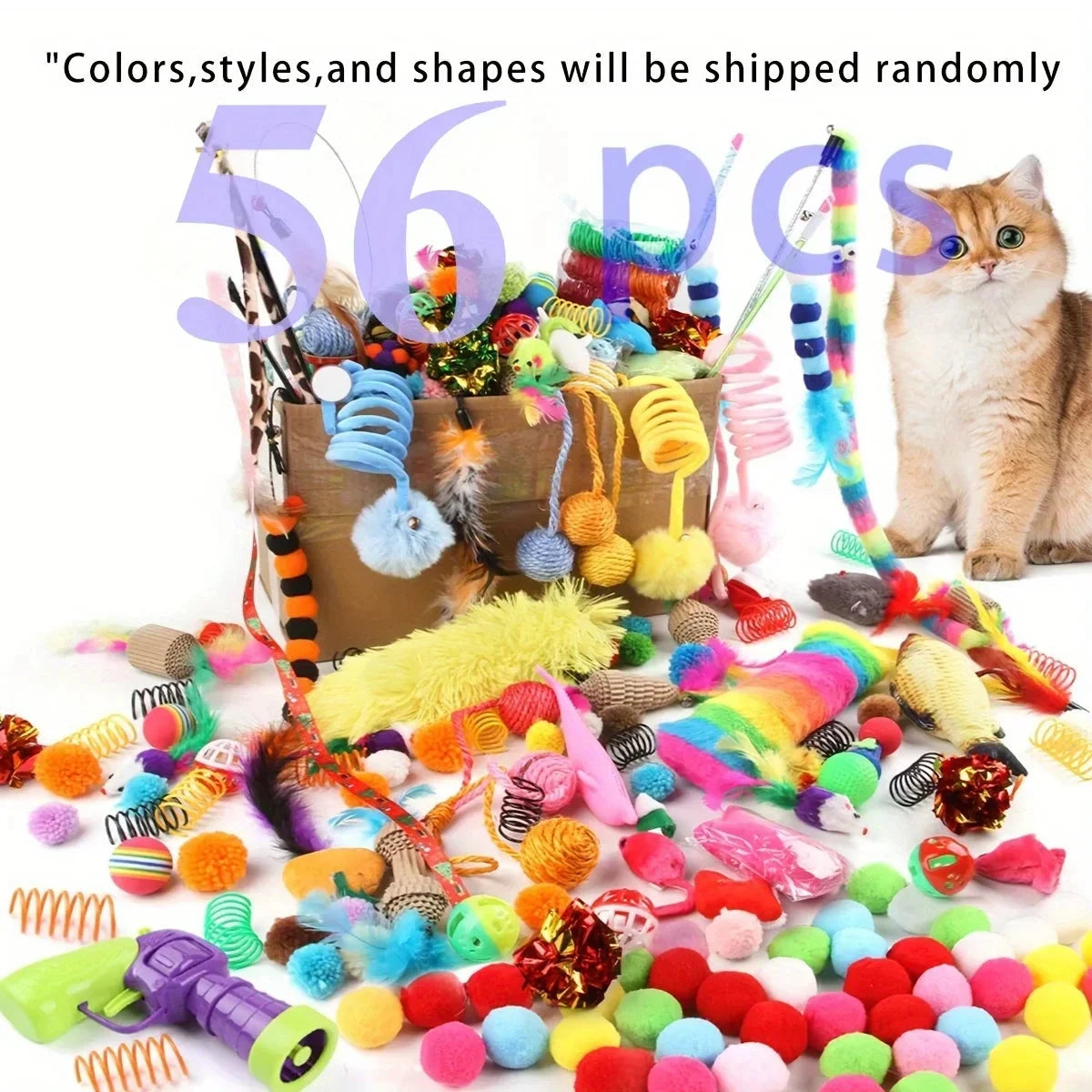 56pcs/28pcs/14pcs Cat Toys Mixed Pack. A Combination of Various Plastic Toys and Plush Toys Suitable for Multiple Cats To Play PAWN-SOME PETS