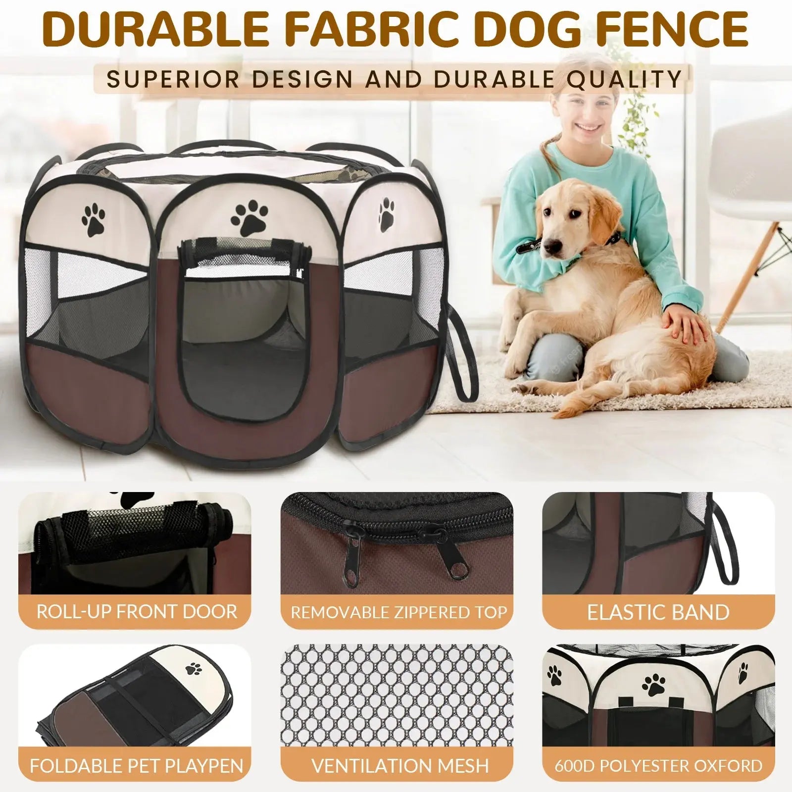 Foldable Pet Playpen for Dogs & Cats - Durable Oxford Cloth with Removable Zipper, Portable Octagonal Design for Indoor/Outdoor PAWN-SOME PETS
