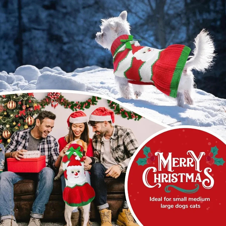 Christmas Dog Dress Sweater with Harness Hole Cute Santa Red Striped Knitted Puppy Sweaters Vest Soft Warm Fall Winter Girl Dog PAWN-SOME PETS