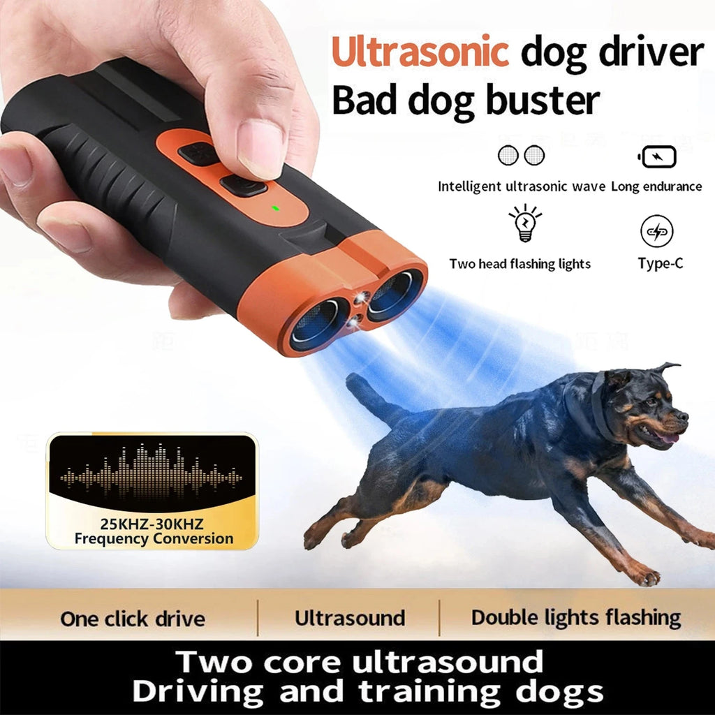 2025 Dual Head Ultrasonic Dog Repeller USB Rechargeable Dog Training Device High-Power Anti Bark Device with LED Flashlight PAWN-SOME PETS