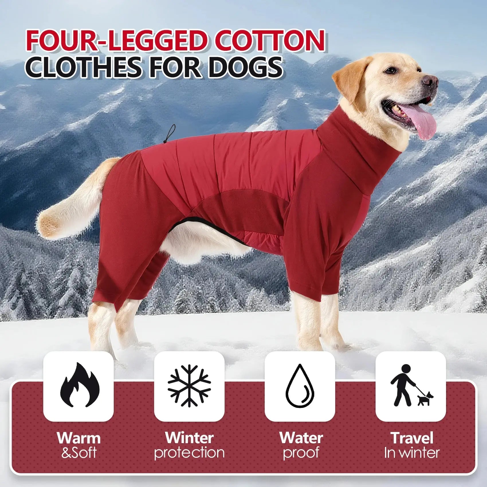 Fullbody Dog Coat, Turtleneck Windproof Dogs Winter Coat with Leash Hole for Large Medium Small Dogs,Four-Legged Snowsuit PAWN-SOME PETS