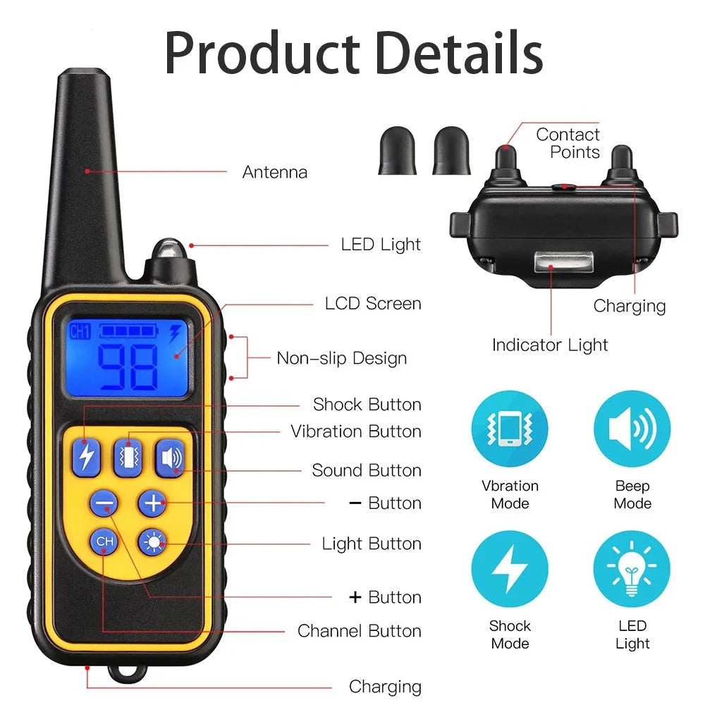 800m Digital Dog Training Collar Waterproof Rechargeable Remote Control Pet with LCD Display for All Size Shock Vibration Sound PAWN-SOME PETS