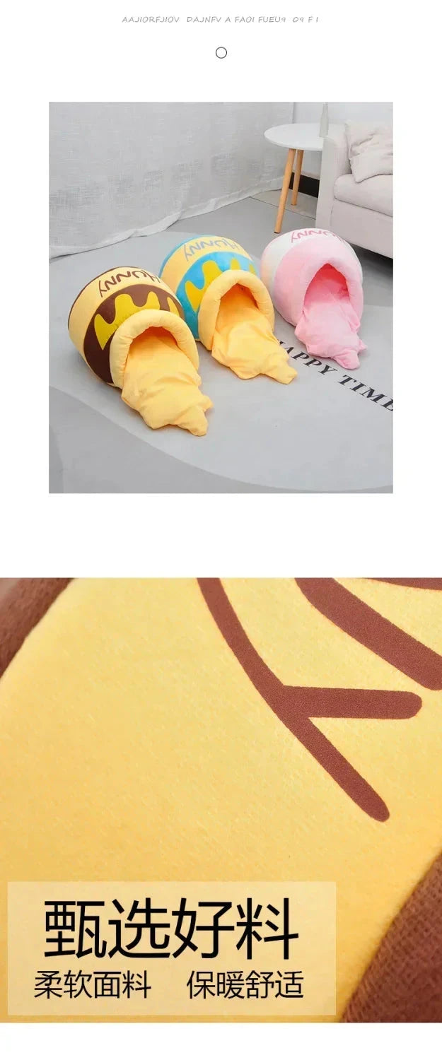 Thickened honey jar cat bed season semi enclosed cat and dog warm pet house, plush villa nest with detachable mats PAWN-SOME PETS