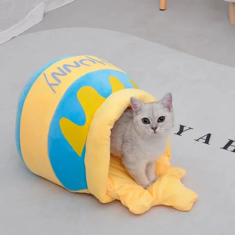 Thickened honey jar cat bed season semi enclosed cat and dog warm pet house, plush villa nest with detachable mats PAWN-SOME PETS