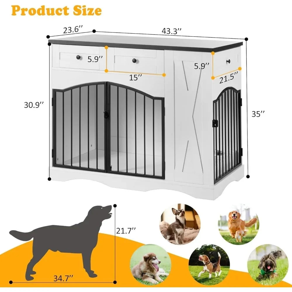 Go 43.3 Dog Crate Furniture for Medium & Large Dogs, Heavy Duty Wooden Dog Kennel with 3 Storage Drawers, Removable Feeder PAWN-SOME PETS