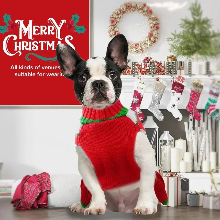 Christmas Dog Dress Sweater with Harness Hole Cute Santa Red Striped Knitted Puppy Sweaters Vest Soft Warm Fall Winter Girl Dog PAWN-SOME PETS