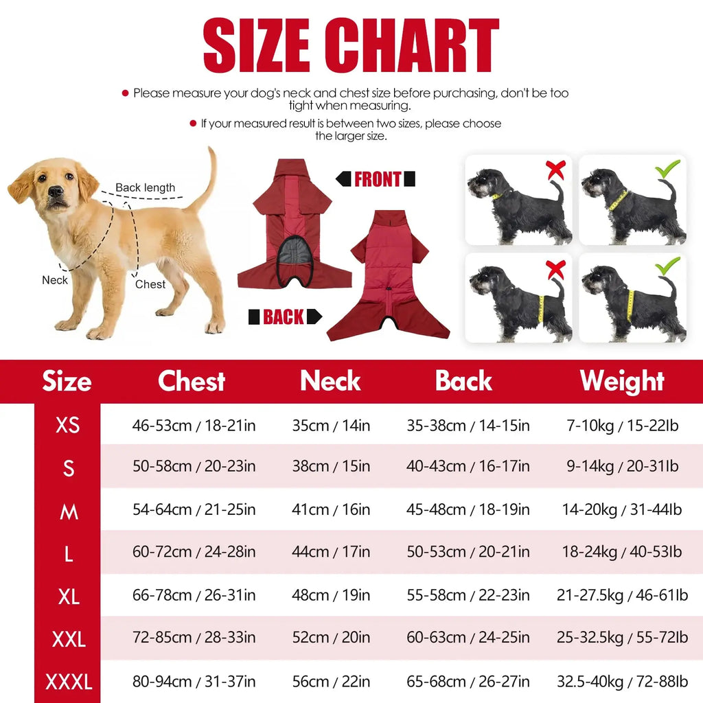 Fullbody Dog Coat, Turtleneck Windproof Dogs Winter Coat with Leash Hole for Large Medium Small Dogs,Four-Legged Snowsuit PAWN-SOME PETS