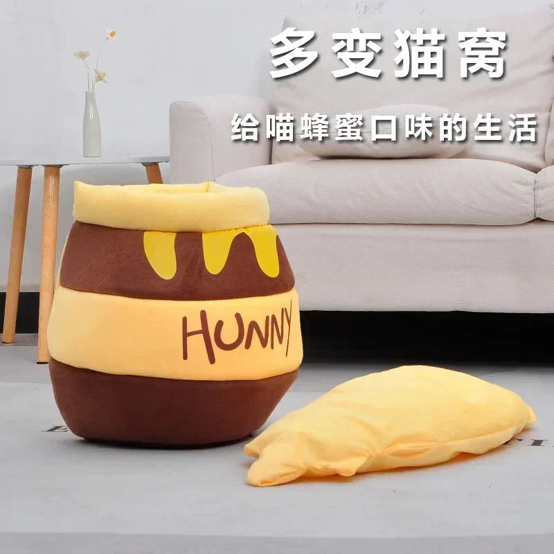 Thickened honey jar cat bed season semi enclosed cat and dog warm pet house, plush villa nest with detachable mats PAWN-SOME PETS
