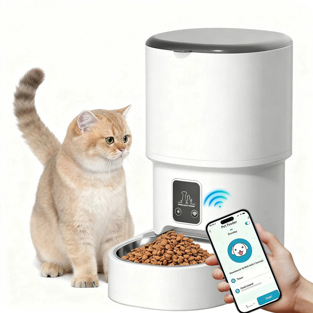 4L WIFI Button Automatic Cat Feeder Intelligent Cat and Dog Pet Feeder Smart Pet Cat Food Dispenser Pet Feeder(No 5V 1A plug) PAW-SOME PETS