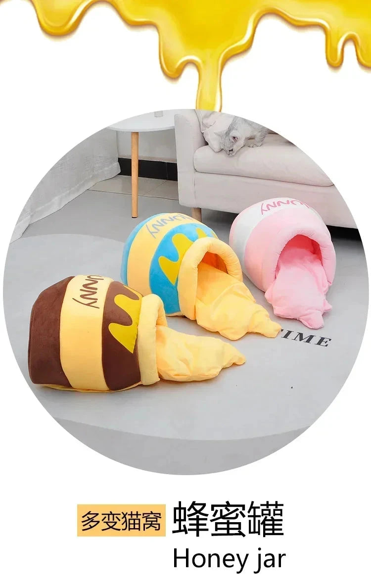 Thickened honey jar cat bed season semi enclosed cat and dog warm pet house, plush villa nest with detachable mats PAWN-SOME PETS