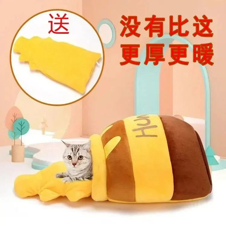Thickened honey jar cat bed season semi enclosed cat and dog warm pet house, plush villa nest with detachable mats PAWN-SOME PETS