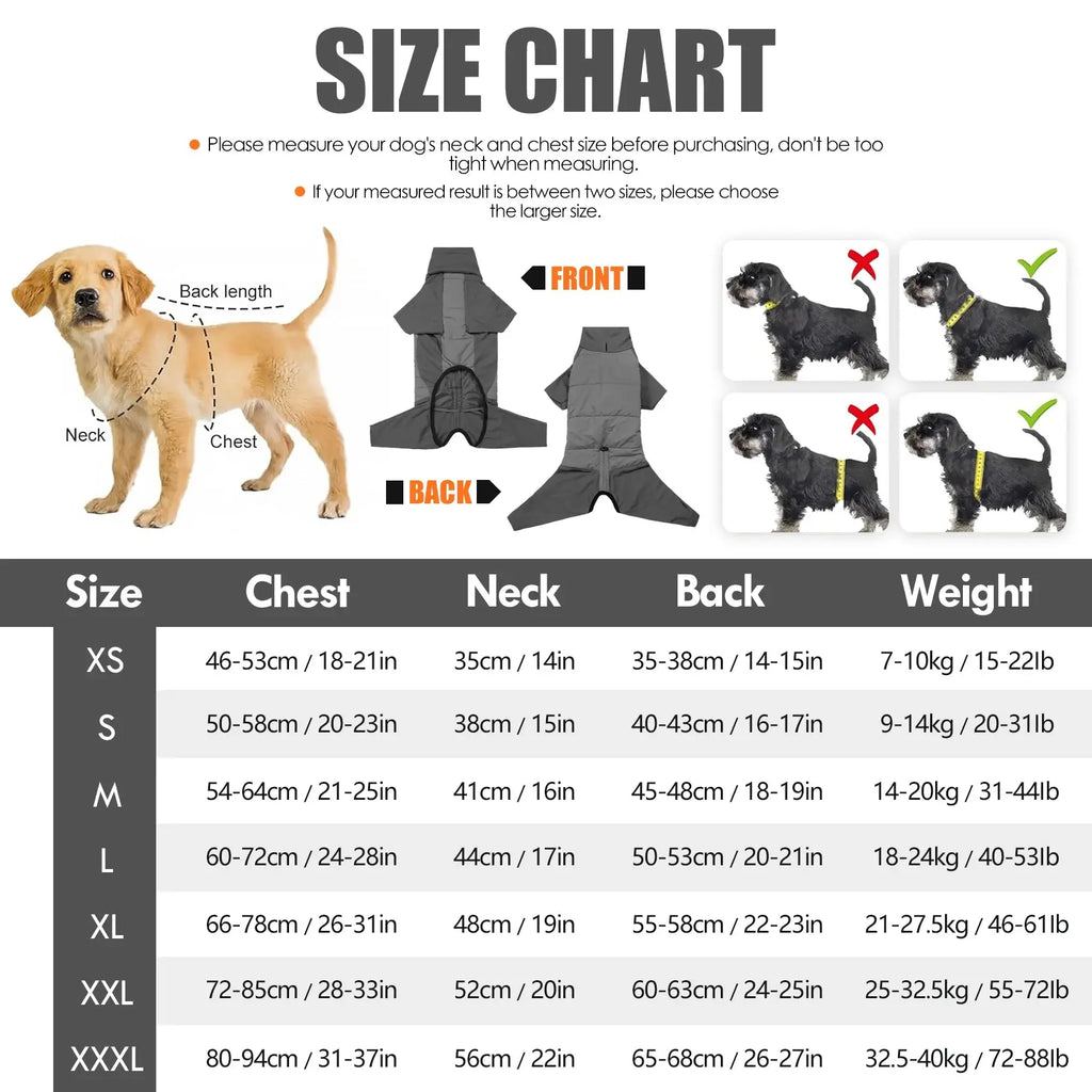 Fullbody Dog Coat, Turtleneck Windproof Dogs Winter Coat with Leash Hole for Large Medium Small Dogs,Four-Legged Snowsuit PAWN-SOME PETS