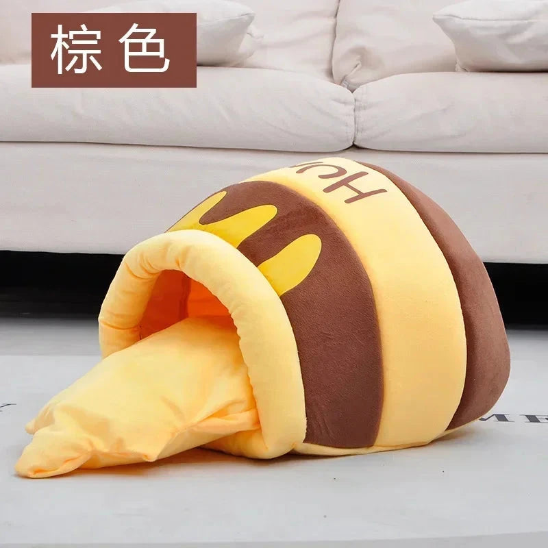 Thickened honey jar cat bed season semi enclosed cat and dog warm pet house, plush villa nest with detachable mats PAWN-SOME PETS