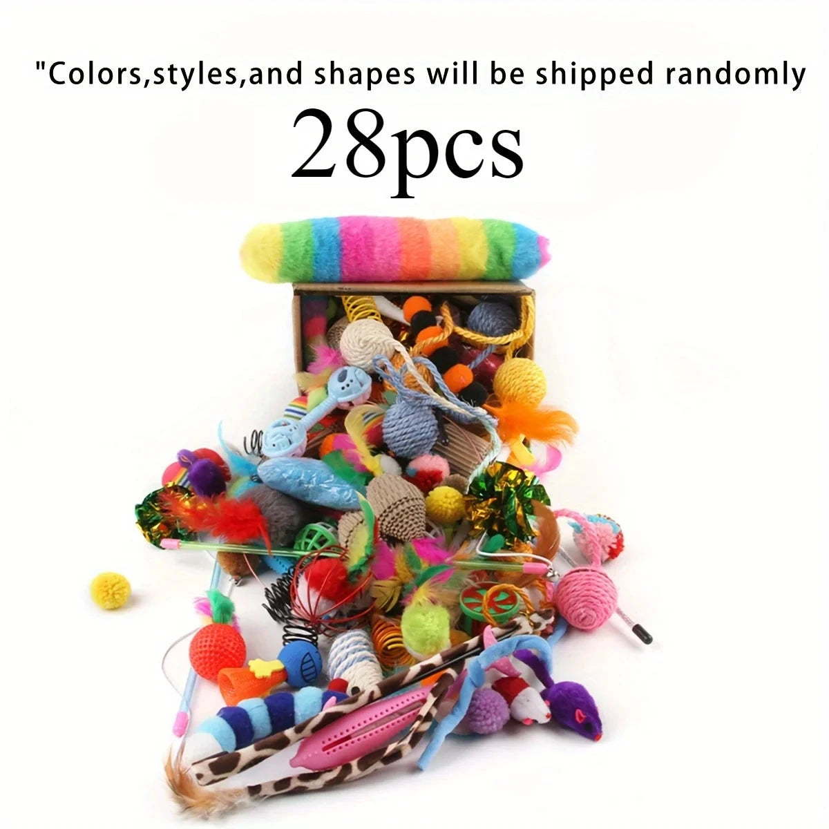 56pcs/28pcs/14pcs Cat Toys Mixed Pack. A Combination of Various Plastic Toys and Plush Toys Suitable for Multiple Cats To Play PAWN-SOME PETS