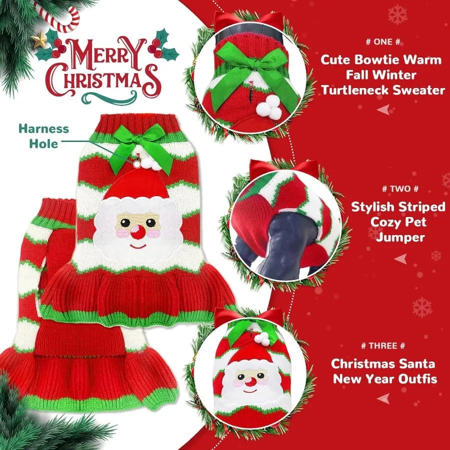 Christmas Dog Dress Sweater with Harness Hole Cute Santa Red Striped Knitted Puppy Sweaters Vest Soft Warm Fall Winter Girl Dog PAWN-SOME PETS