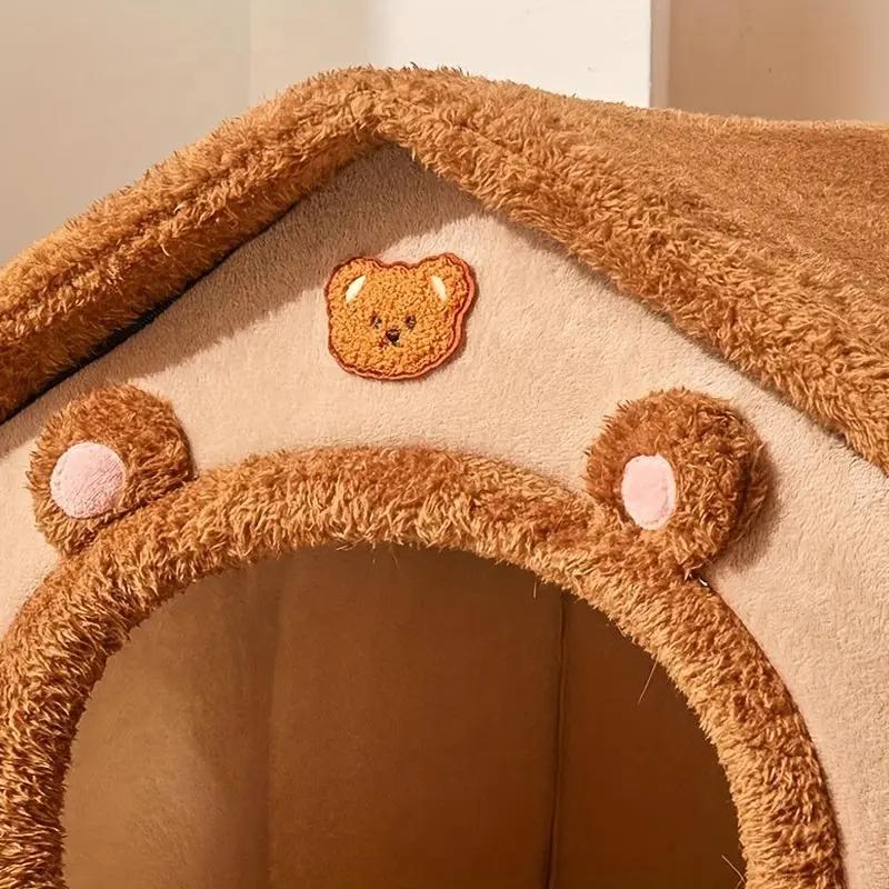 2-in-1 Half-Enclosed Brown Dog House & Cat Bed with Removable Soft Cushioned Bedding - Cozy Pet Shelter with Entrance Tunnel for Small Dogs & Cats, Durable Indoor/Outdoor House for Pomeranian, Chihuahua, Shih Tzu - Space-Savi