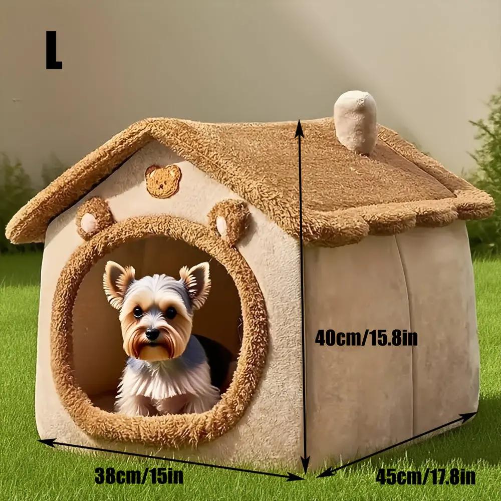 2-in-1 Half-Enclosed Brown Dog House & Cat Bed with Removable Soft Cushioned Bedding - Cozy Pet Shelter with Entrance Tunnel for Small Dogs & Cats, Durable Indoor/Outdoor House for Pomeranian, Chihuahua, Shih Tzu - Space-Savi
