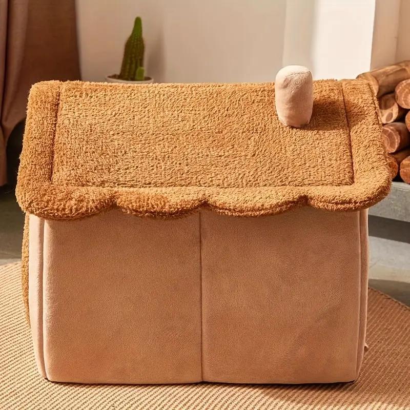 2-in-1 Half-Enclosed Brown Dog House & Cat Bed with Removable Soft Cushioned Bedding - Cozy Pet Shelter with Entrance Tunnel for Small Dogs & Cats, Durable Indoor/Outdoor House for Pomeranian, Chihuahua, Shih Tzu - Space-Savi