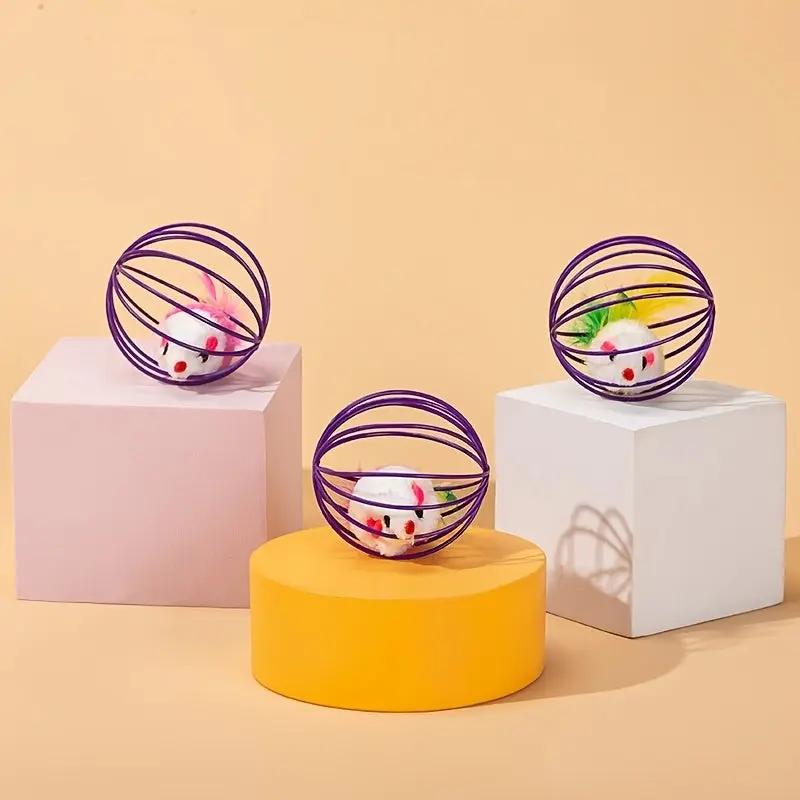 Cat Toy Cage Mouse Teaser Stick with Artificial Feather Tail Mini Ball Self-Entertaining Cat Toy