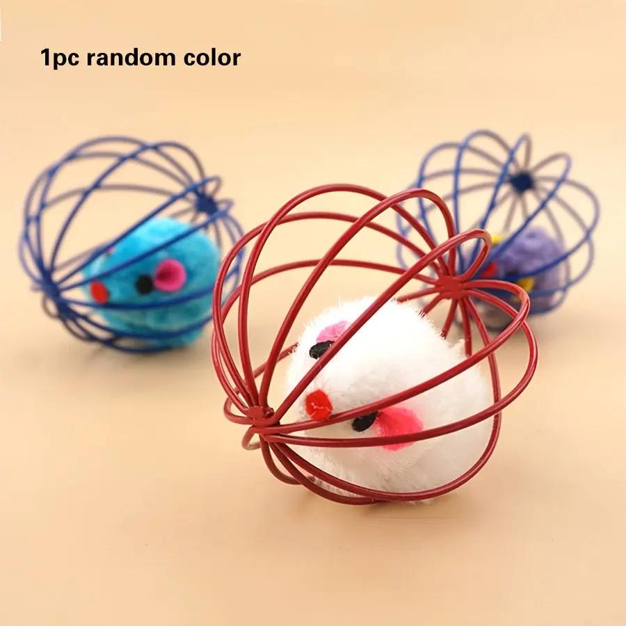 Cat Toy Cage Mouse Teaser Stick with Artificial Feather Tail Mini Ball Self-Entertaining Cat Toy