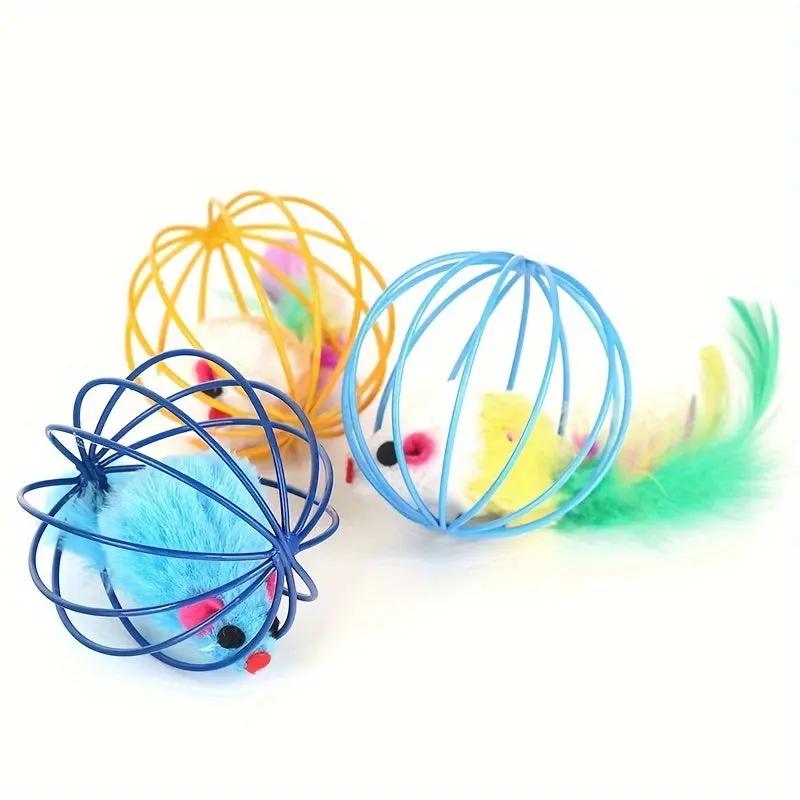 Cat Toy Cage Mouse Teaser Stick with Artificial Feather Tail Mini Ball Self-Entertaining Cat Toy