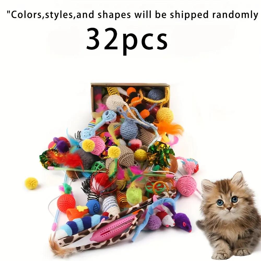 200pcs/64pcs/32pcs/16pcs Mixed Cat Toy Set - Assorted Plastic Toys for Multiple Cats, Random Colors & Styles, Keeps Playtime Fun Every Day (Plastic/Polyester/Artificial feathers)