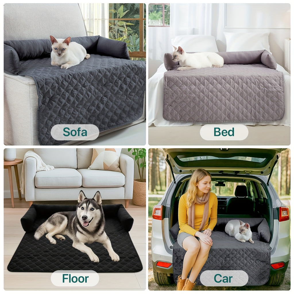 1pc TEXSTEAD Pet Sofa Bed - Scratch & Slip Resistant, Washable Dog & Cat Furniture Cover with Bolster Cushions, Gray & White Checkered Design for Small to Large Dogs, Cozy Home Decor, Dog Bed for Dogs, Cozy Pet Furniture, Che - PAW-SOME PETS