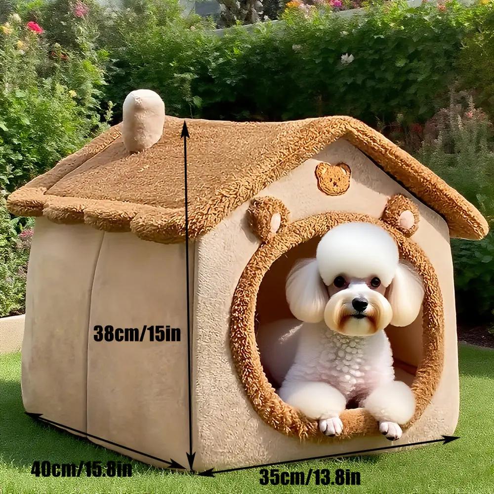 2-in-1 Half-Enclosed Brown Dog House & Cat Bed with Removable Soft Cushioned Bedding - Cozy Pet Shelter with Entrance Tunnel for Small Dogs & Cats, Durable Indoor/Outdoor House for Pomeranian, Chihuahua, Shih Tzu - Space-Savi