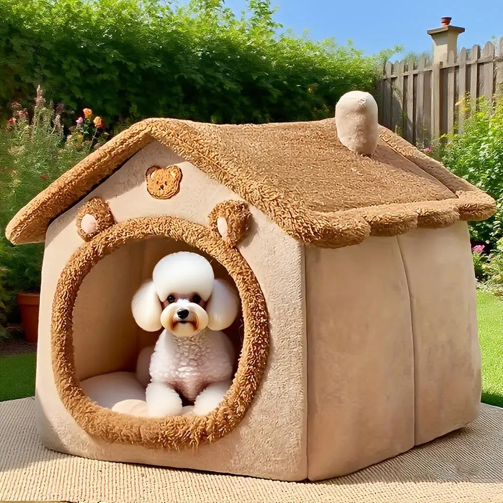 2-in-1 Half-Enclosed Brown Dog House & Cat Bed with Removable Soft Cushioned Bedding - Cozy Pet Shelter with Entrance Tunnel for Small Dogs & Cats, Durable Indoor/Outdoor House for Pomeranian, Chihuahua, Shih Tzu - Space-Savi