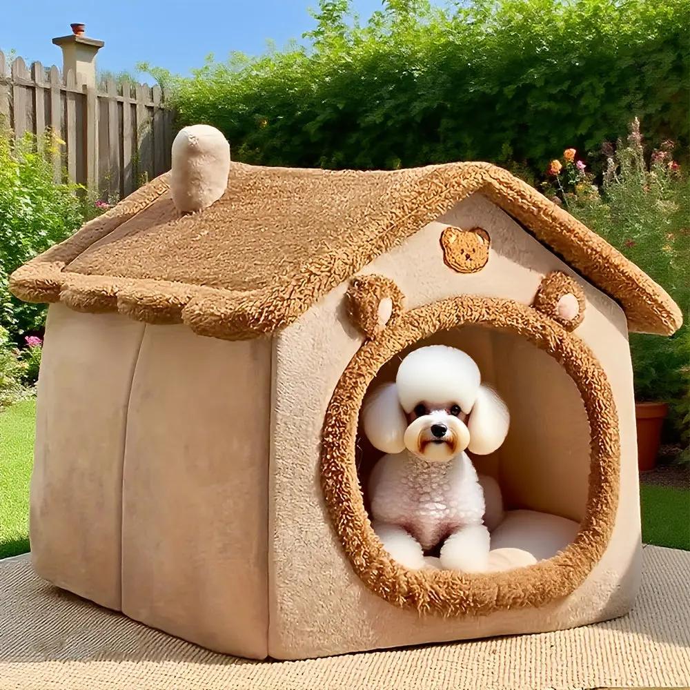 2-in-1 Half-Enclosed Brown Dog House & Cat Bed with Removable Soft Cushioned Bedding - Cozy Pet Shelter with Entrance Tunnel for Small Dogs & Cats, Durable Indoor/Outdoor House for Pomeranian, Chihuahua, Shih Tzu - Space-Savi