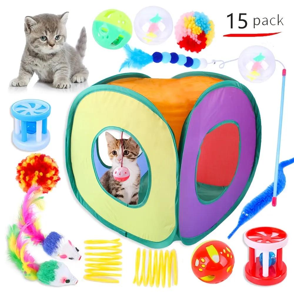12pcs/15pcs/21pcs/27pcs Cat Channel Teasing Stick & Tunnel Set with Interactive Plush Mouse, Bell Sound, Artificial Fiber Feather Toys - Multi-Directional Play, Suitable for Cats, Scratching Posts