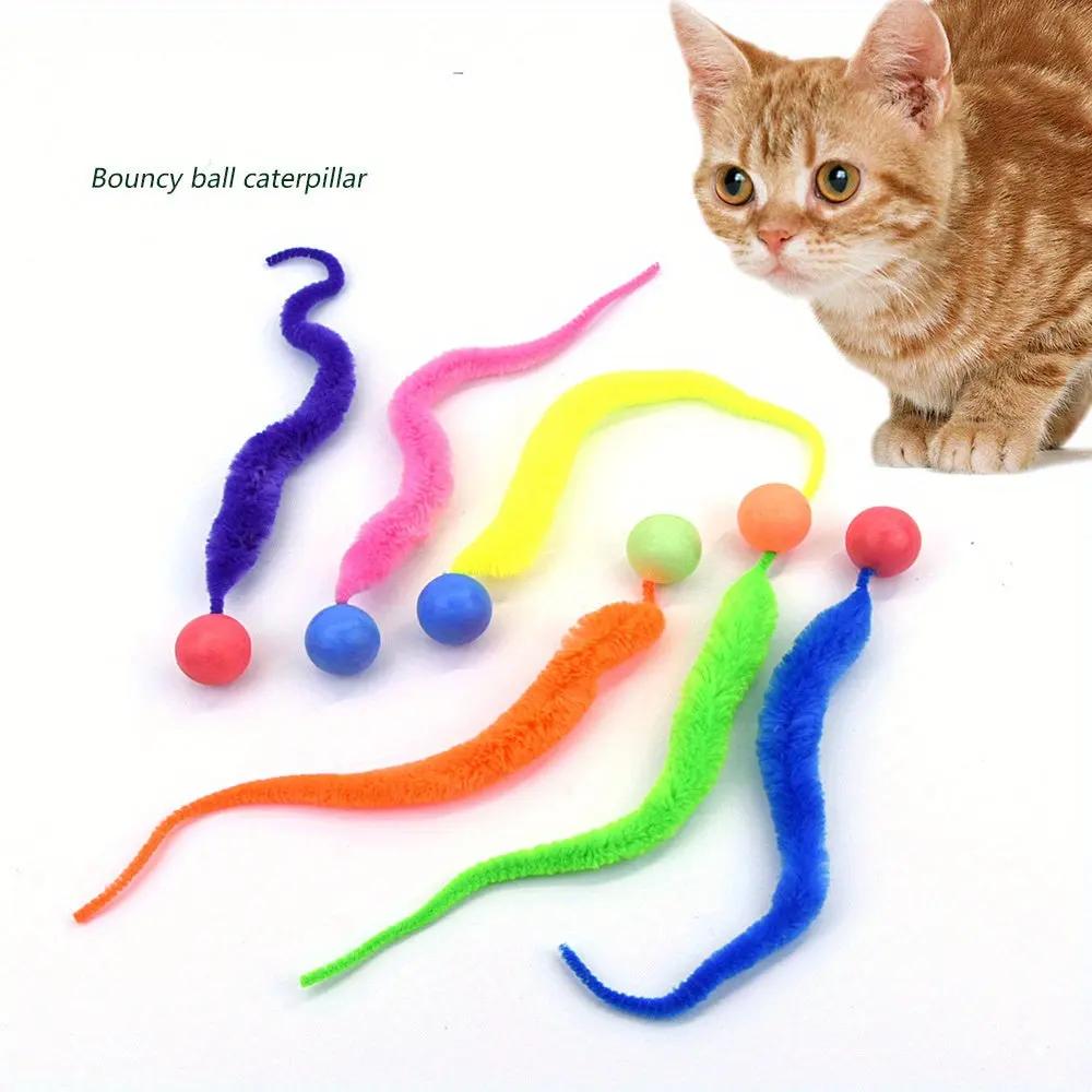 Colorful Caterpillar Plush Cat Toy with Glowing Green Eyes - Interactive Bouncy Ball Design, Soft Durable Polyester Material, Perfect for Indoor Play and Pet Entertainment, Interactive Cat Toy, Without Battery