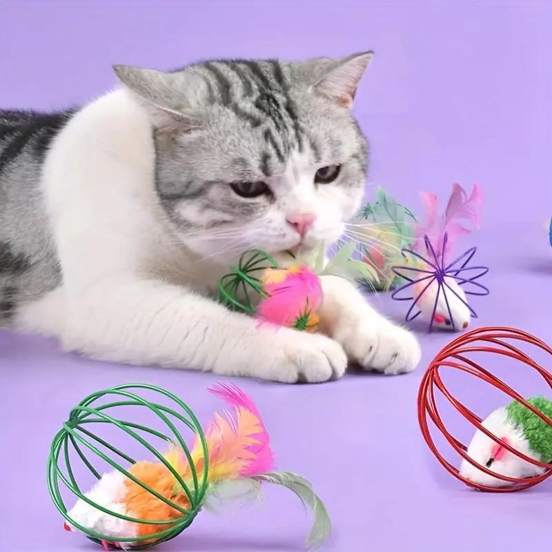 Cat Toy Cage Mouse Teaser Stick with Artificial Feather Tail Mini Ball Self-Entertaining Cat Toy