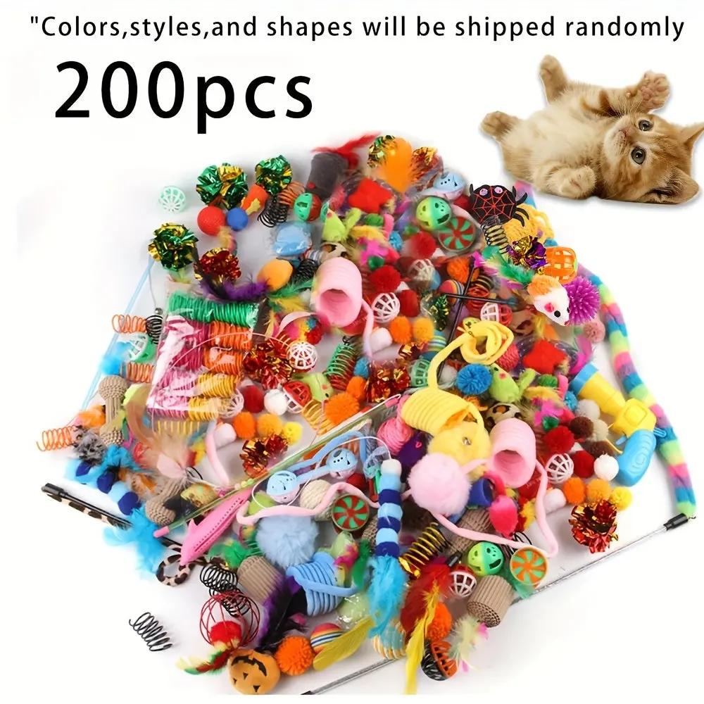 200pcs/64pcs/32pcs/16pcs Mixed Cat Toy Set - Assorted Plastic Toys for Multiple Cats, Random Colors & Styles, Keeps Playtime Fun Every Day (Plastic/Polyester/Artificial feathers)