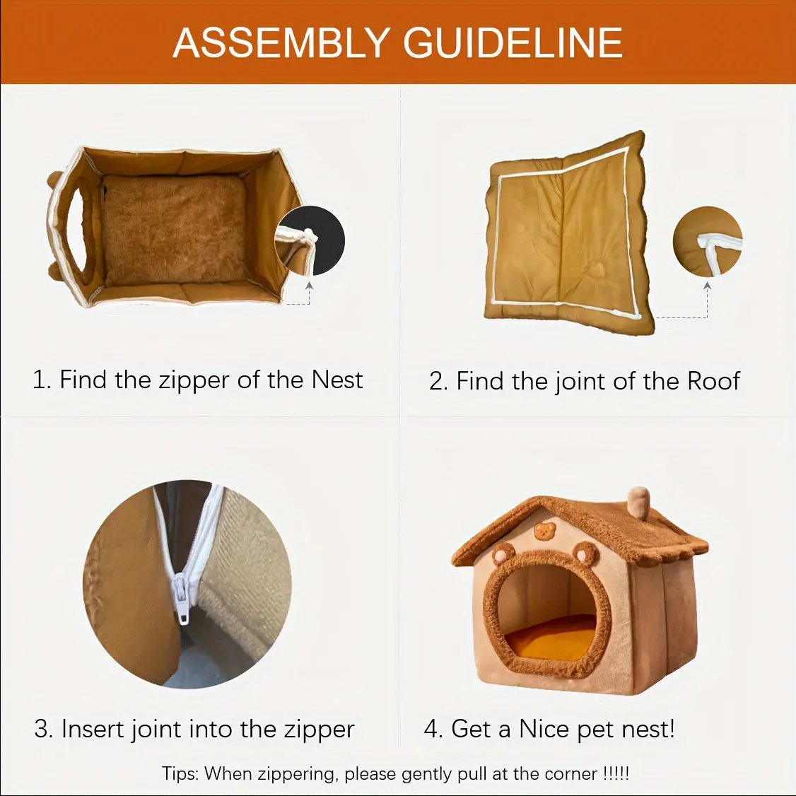 2-in-1 Half-Enclosed Brown Dog House & Cat Bed with Removable Soft Cushioned Bedding - Cozy Pet Shelter with Entrance Tunnel for Small Dogs & Cats, Durable Indoor/Outdoor House for Pomeranian, Chihuahua, Shih Tzu - Space-Savi