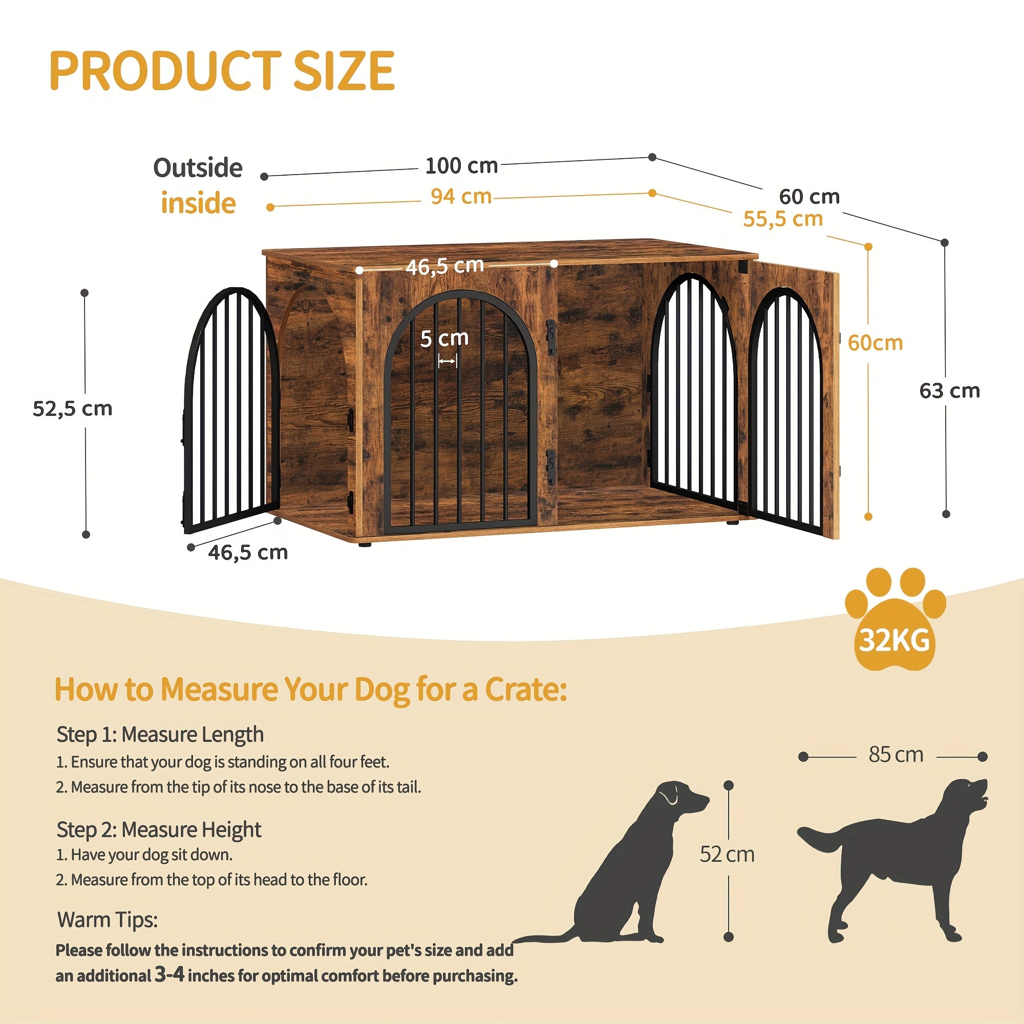 Dog Cage Furniture, 100cm Dog Box, 3 Doors, Arched Door, Modern Indoor Dog Box for Dogs Up to 100kg, Side Table, Dog Cage for Home - PAW-SOME PETS