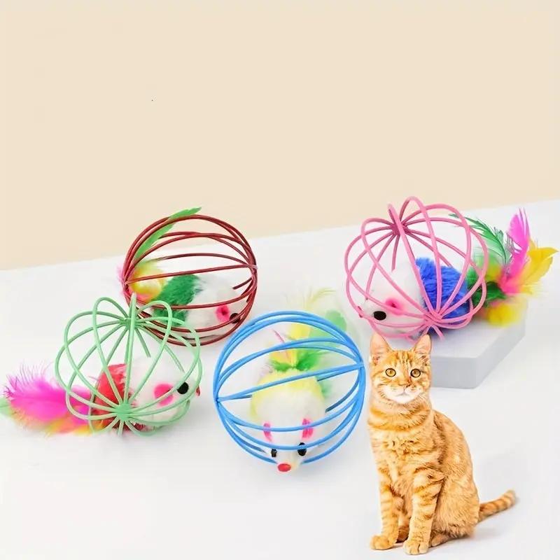 Cat Toy Cage Mouse Teaser Stick with Artificial Feather Tail Mini Ball Self-Entertaining Cat Toy