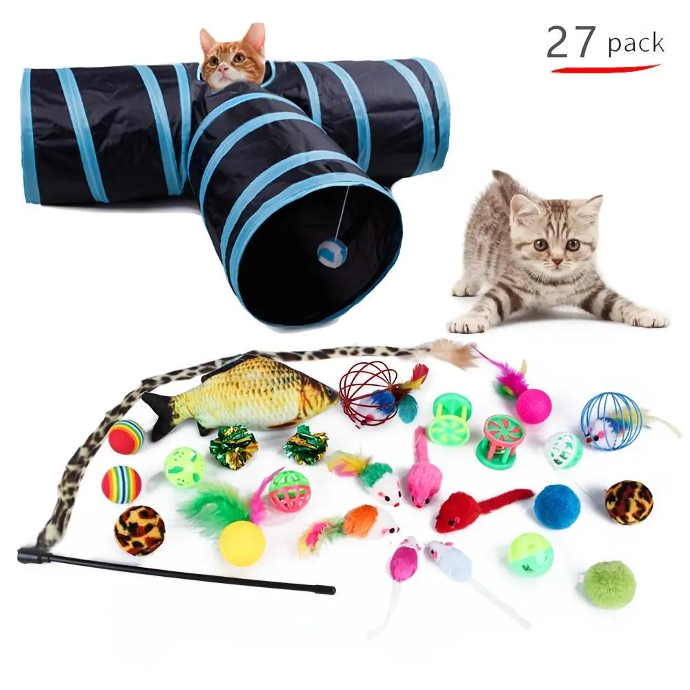 12pcs/15pcs/21pcs/27pcs Cat Channel Teasing Stick & Tunnel Set with Interactive Plush Mouse, Bell Sound, Artificial Fiber Feather Toys - Multi-Directional Play, Suitable for Cats, Scratching Posts