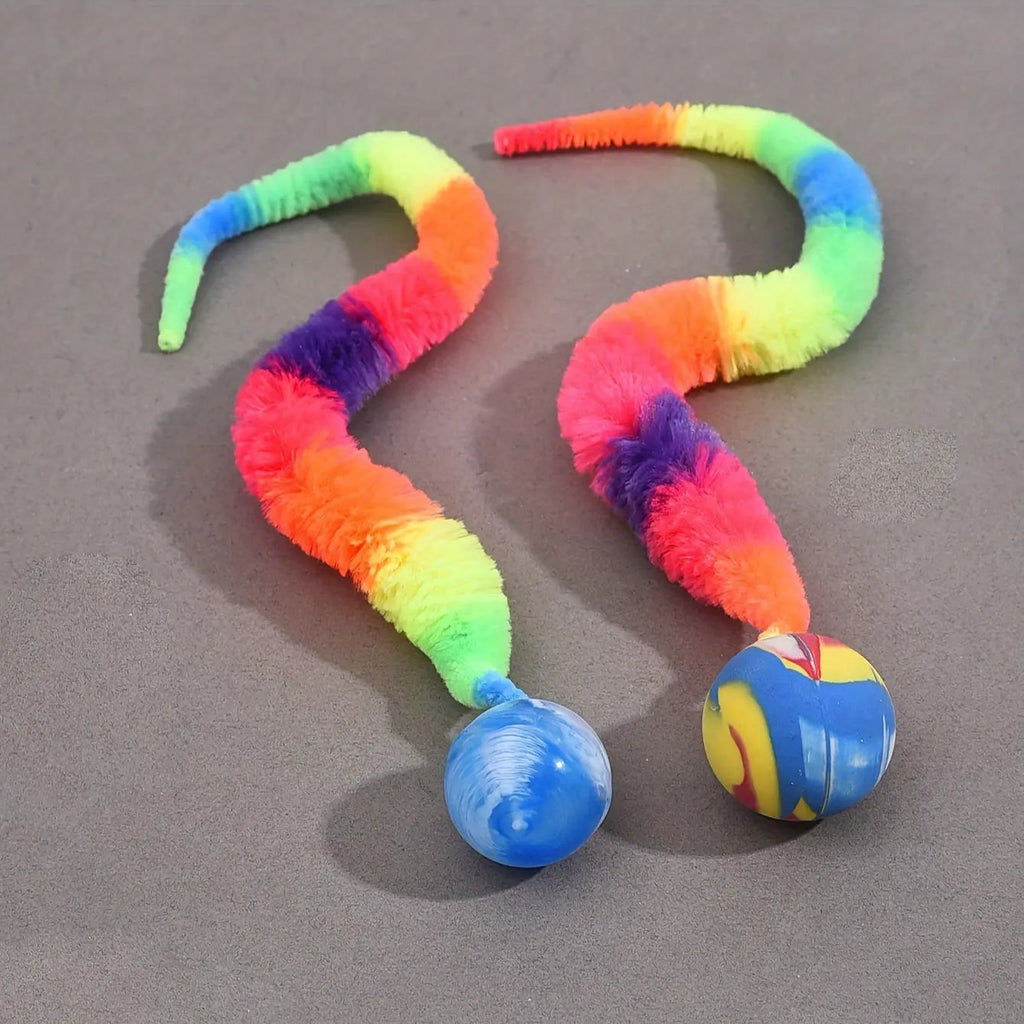 2 Pcs Interactive Cat Teaser Toys - Geometric Polyester Twisty Worms with Attached Balls, Uncharged Pet Play Sticks for Kittens - Colorful Simulation Caterpillar Set Without Batteries PAW-SOME PETS