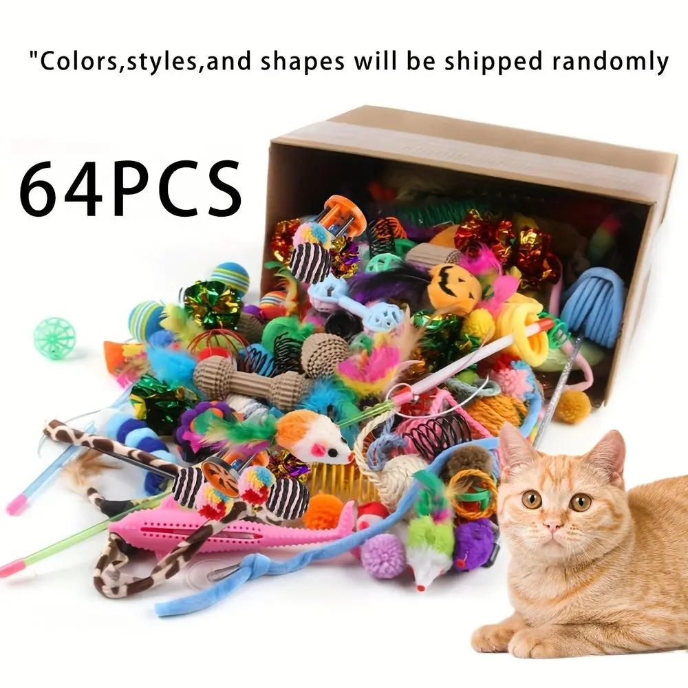 200pcs/64pcs/32pcs/16pcs Mixed Cat Toy Set - Assorted Plastic Toys for Multiple Cats, Random Colors & Styles, Keeps Playtime Fun Every Day (Plastic/Polyester/Artificial feathers)