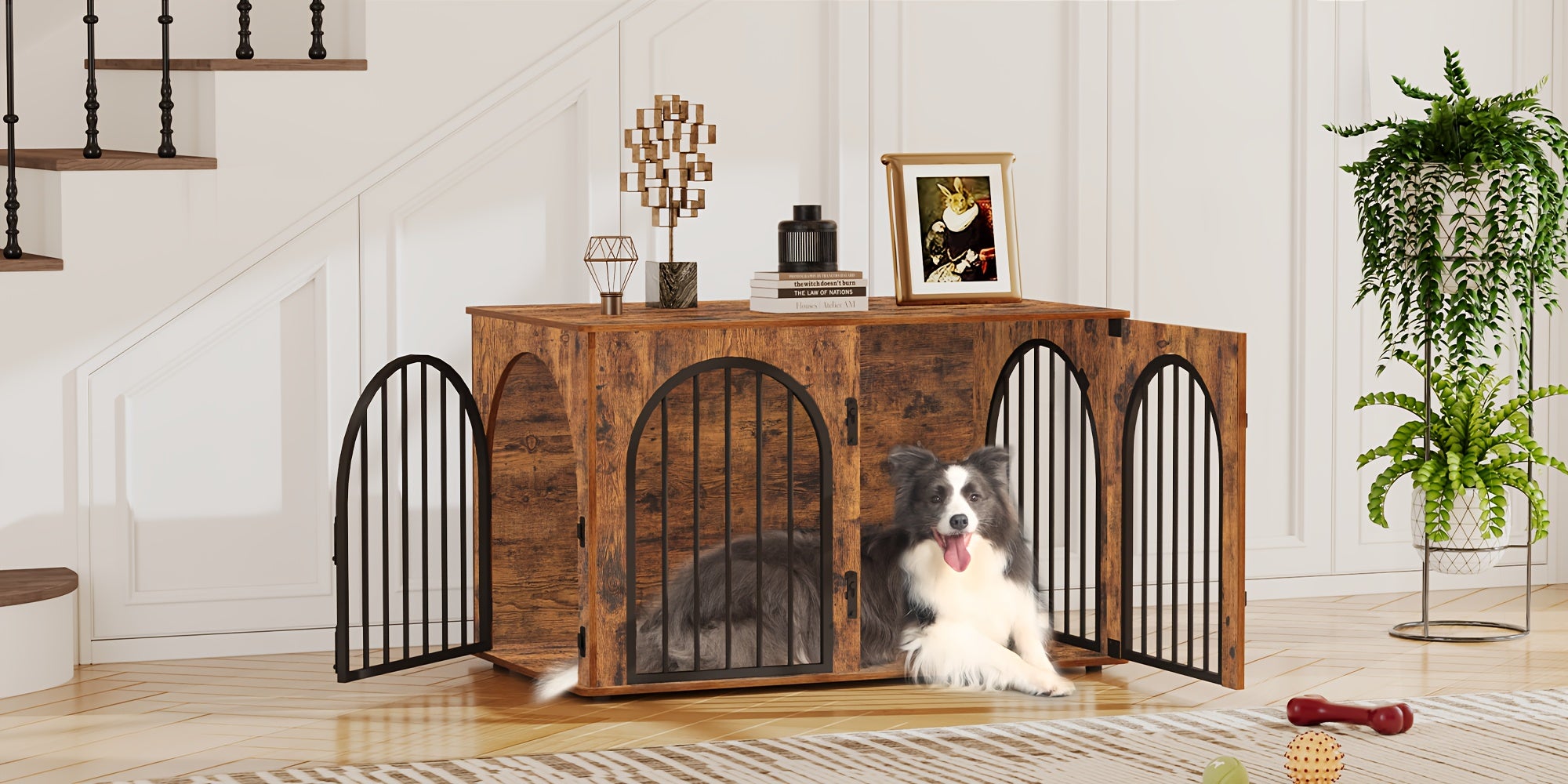 Dog Cage Furniture, 100cm Dog Box, 3 Doors, Arched Door, Modern Indoor Dog Box for Dogs Up to 100kg, Side Table, Dog Cage for Home - PAW-SOME PETS